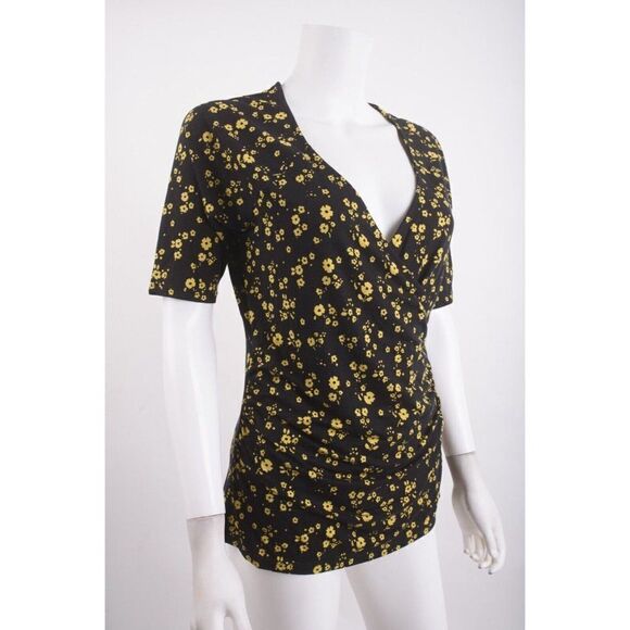 Boden Womens Short Sleeve Wrap Top UK 22 US 20 22 plus Black Yellow Floral NWT - Picture 2 of 6